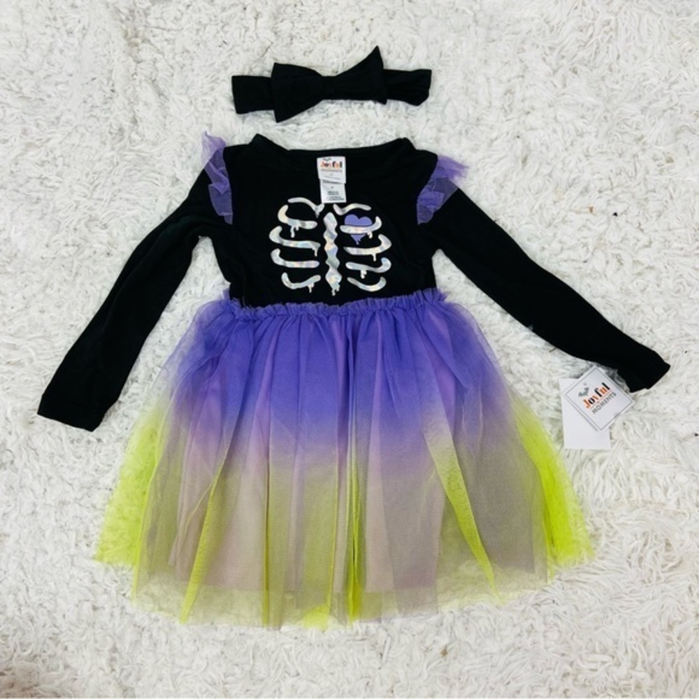 NWT joyful moments Kids silver Skeleton dress with fluffy Purple and Green Tutu